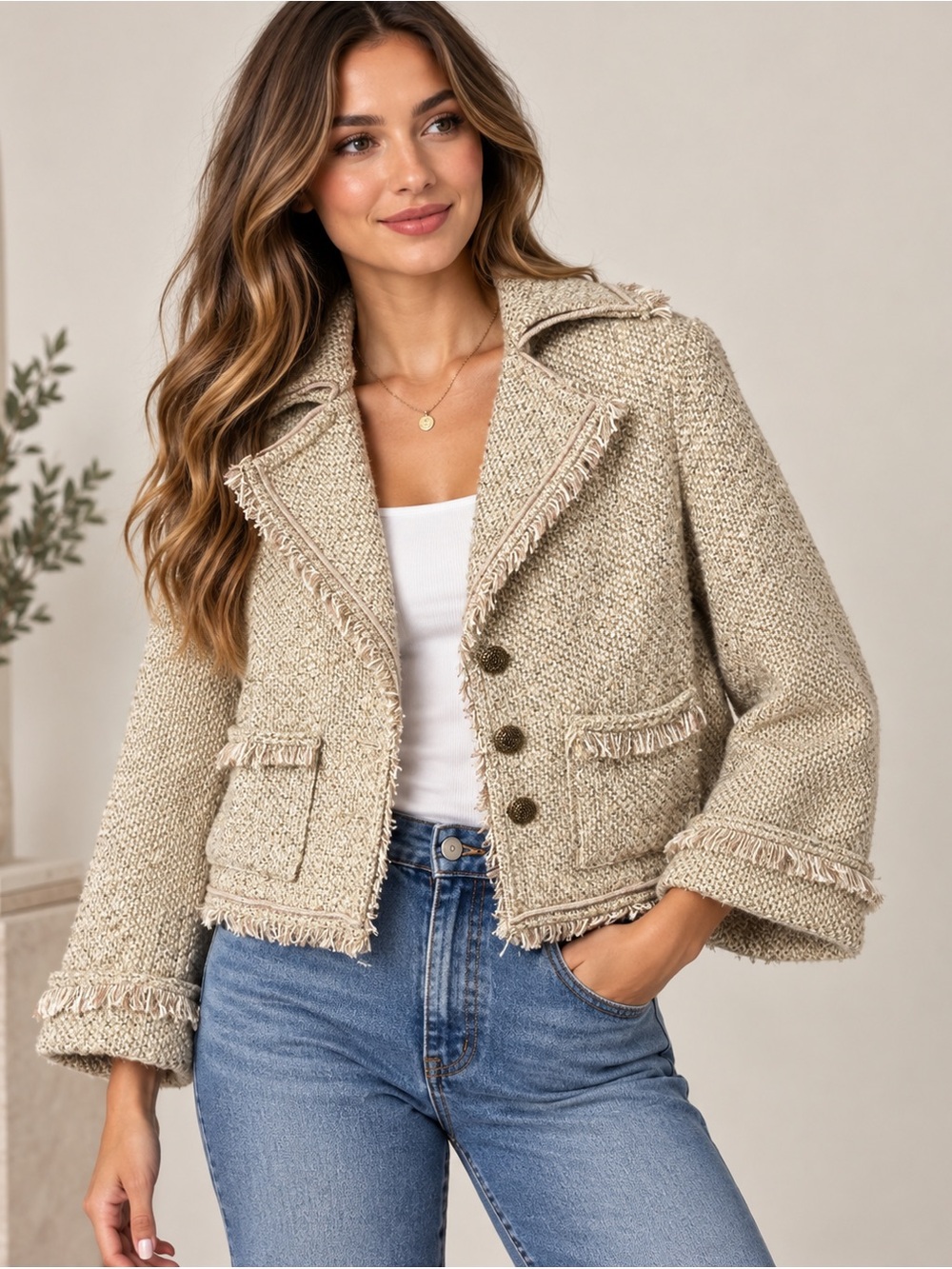 New York & Company Beige Fringed Tweed Cropped Jacket
